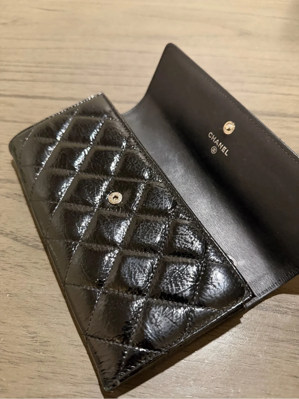 CHANEL Black Quilted Patent Leather Wallet with Silver CC Hardware